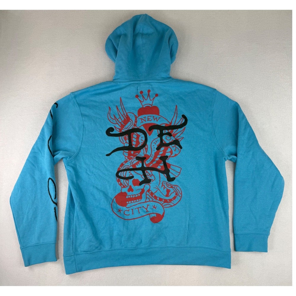 Ed Hardy Hoodie Mens XL Blue Skull Flame Tattoo Graphic Pullover Y2K EHM1300-54 - Picture 8 of 9